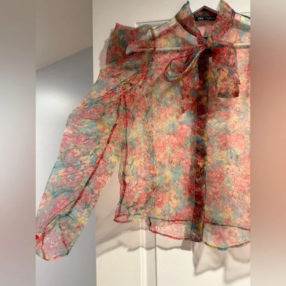 Zara Sheer Floral Blouse - Red and Blue - Picture 3 of 5